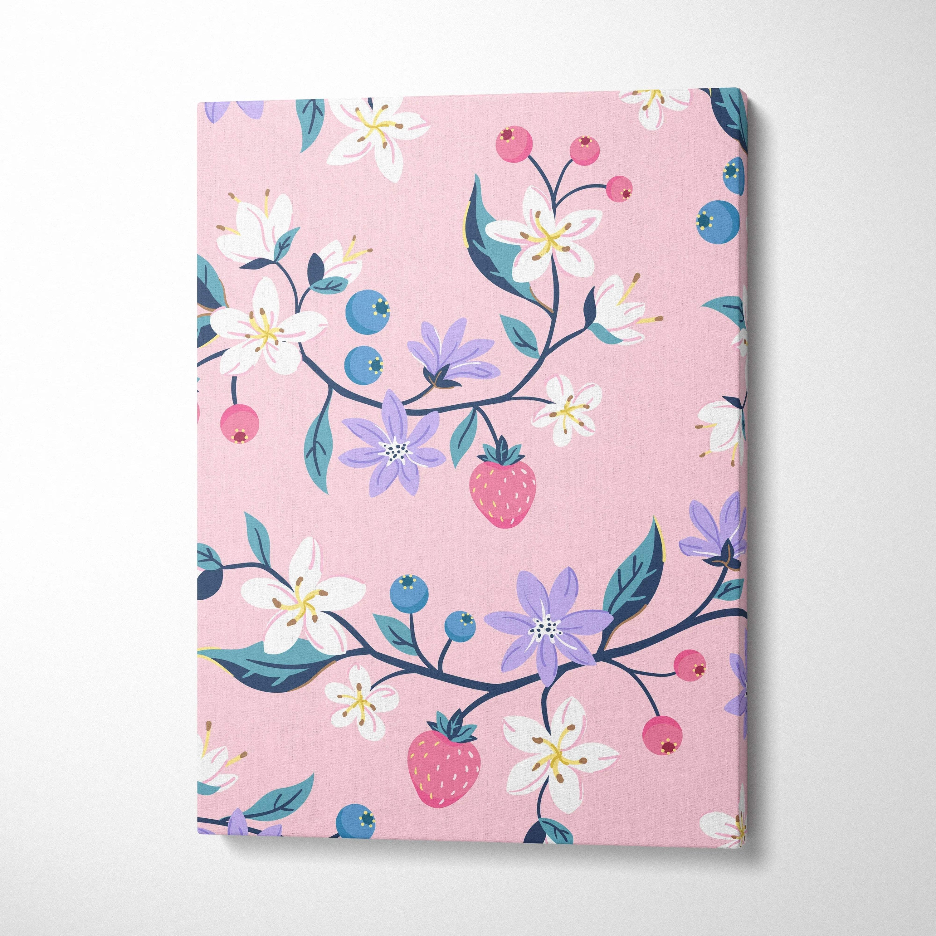 Pink canvas wall art with pastel floral pattern, strawberries, berries, blossoms