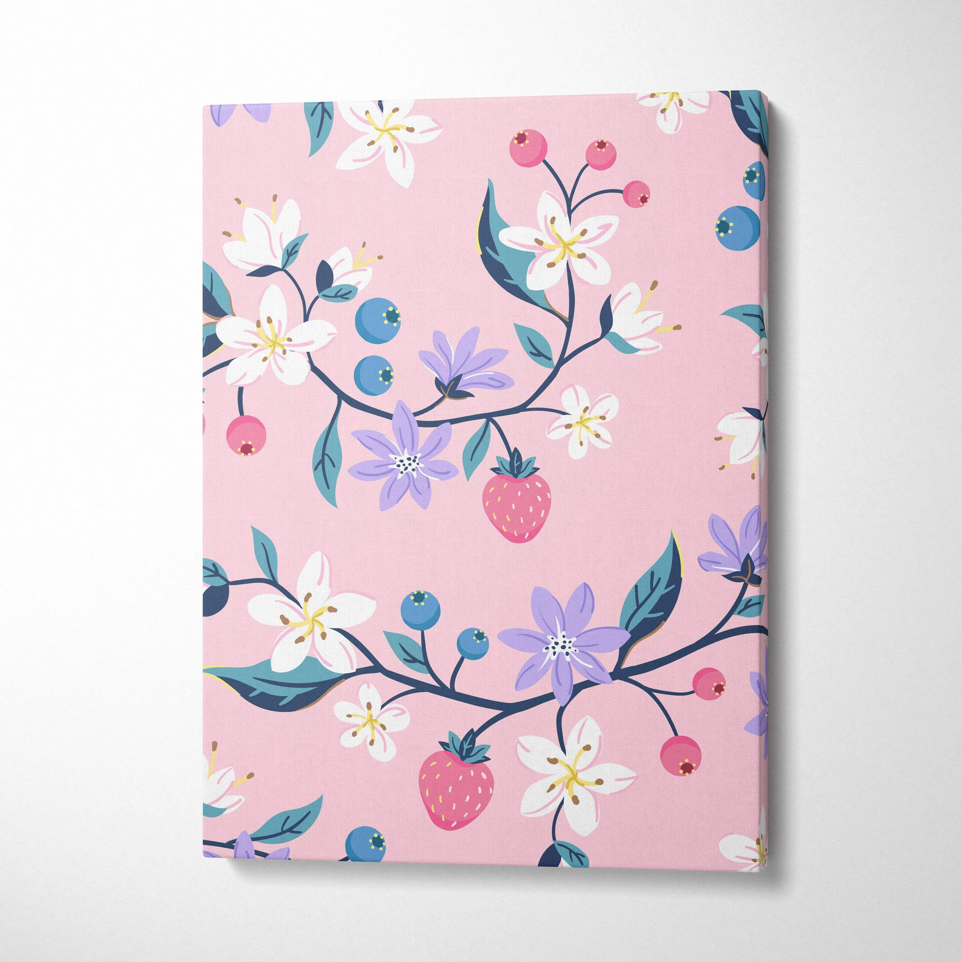 Pink canvas wall art with pastel floral pattern, strawberries, berries, blossoms