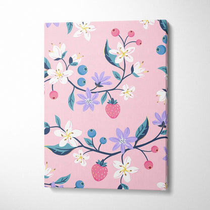 Pink canvas wall art with pastel floral pattern, strawberries, berries, blossoms