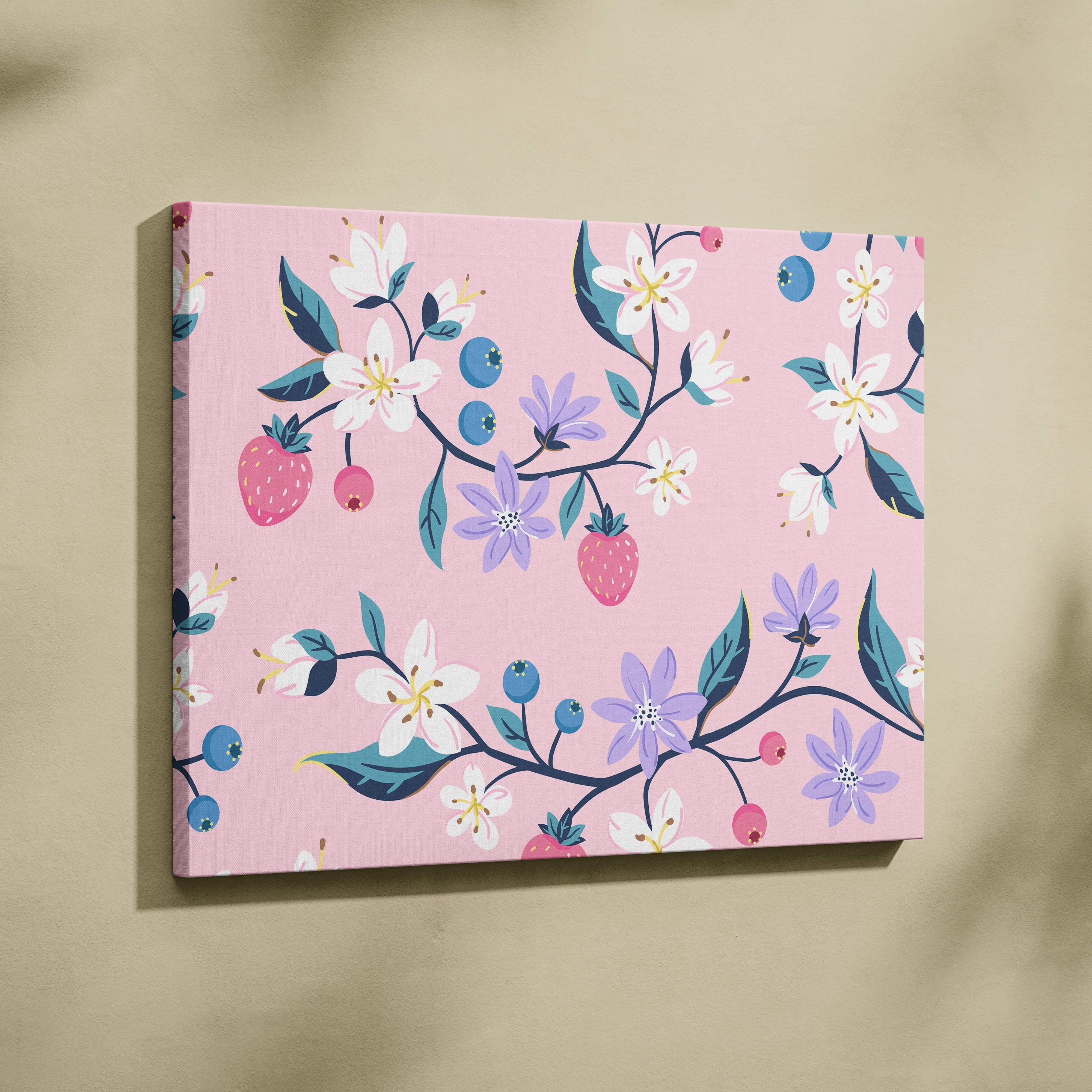Pink lavender teal floral strawberry pattern canvas wall art
