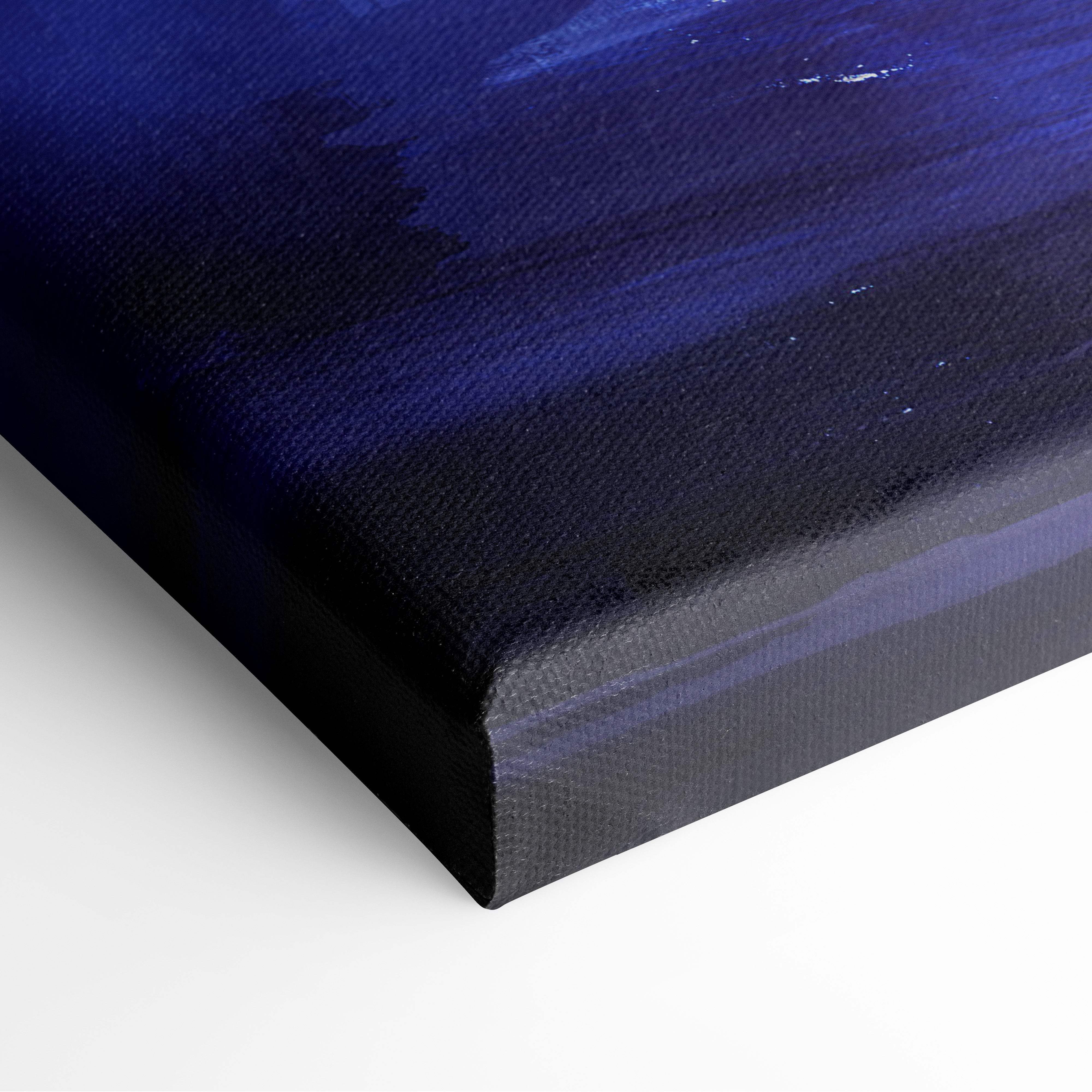 Deep blue abstract canvas painting with textured brushstrokes and black frame for modern epic wall decor