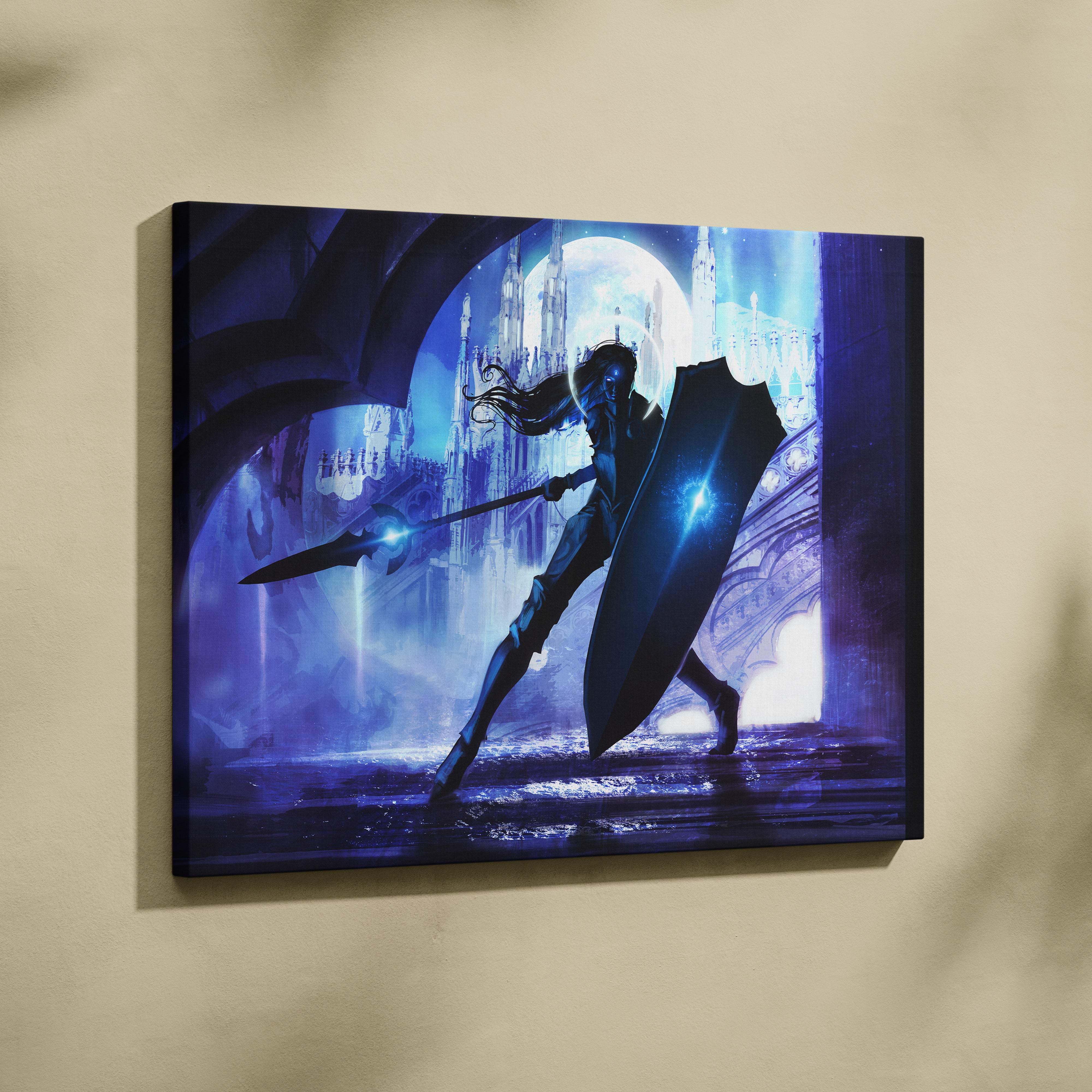 A framed canvas print of a dark armored warrior with glowing spear and shield against a moonlit gothic castle