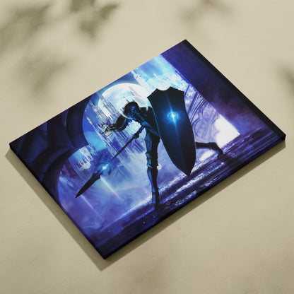 Blue Moon Knight Canvas Wall Art – Dark Fantasy Warrior Illustration, Glowing Armor & Shield, Gothic Cathedral Background, Cinematic Night Scene, Modern Epic Decor