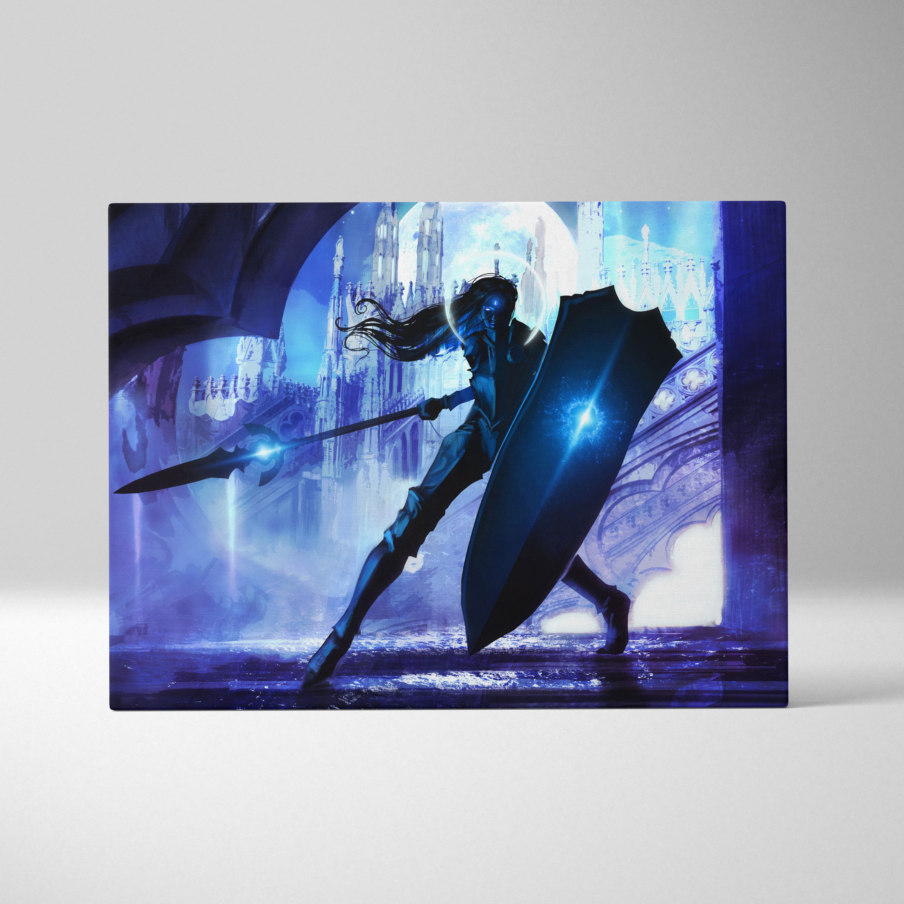 Blue Moon Knight Canvas Wall Art – Dark Fantasy Warrior Illustration, Glowing Armor & Shield, Gothic Cathedral Background, Cinematic Night Scene, Modern Epic Decor