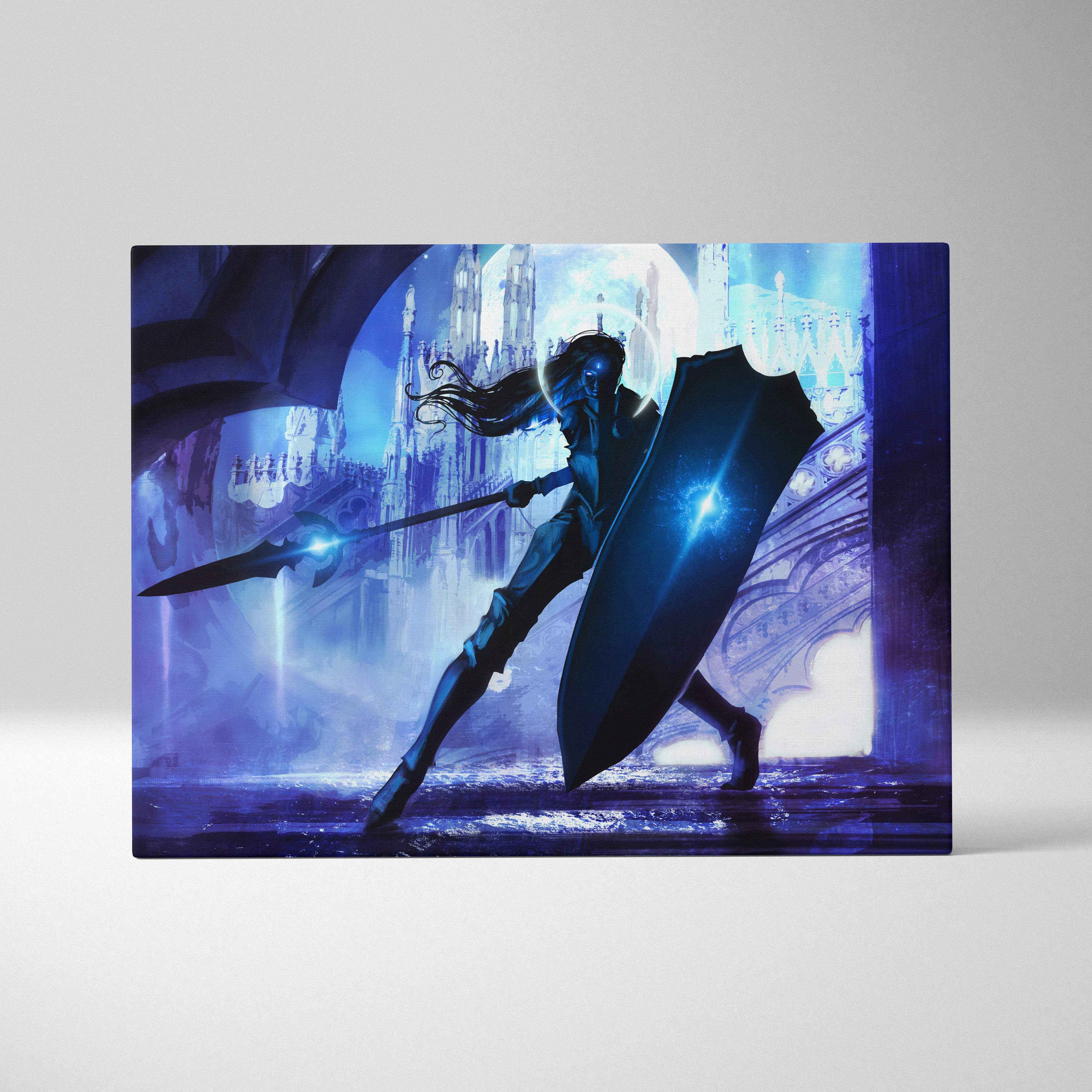 Blue moon knight canvas wall art featuring a dark armored warrior with glowing blue spear and gothic cathedral background
