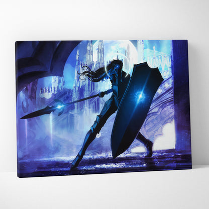 Blue Moon Knight Canvas Wall Art – Dark Fantasy Warrior Illustration, Glowing Armor & Shield, Gothic Cathedral Background, Cinematic Night Scene, Modern Epic Decor