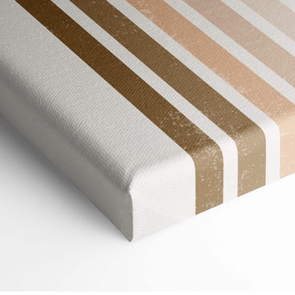 A canvas print of boho rainbow arch wall art with metallic gold rose gold and white textured stripes in neutral earth tones