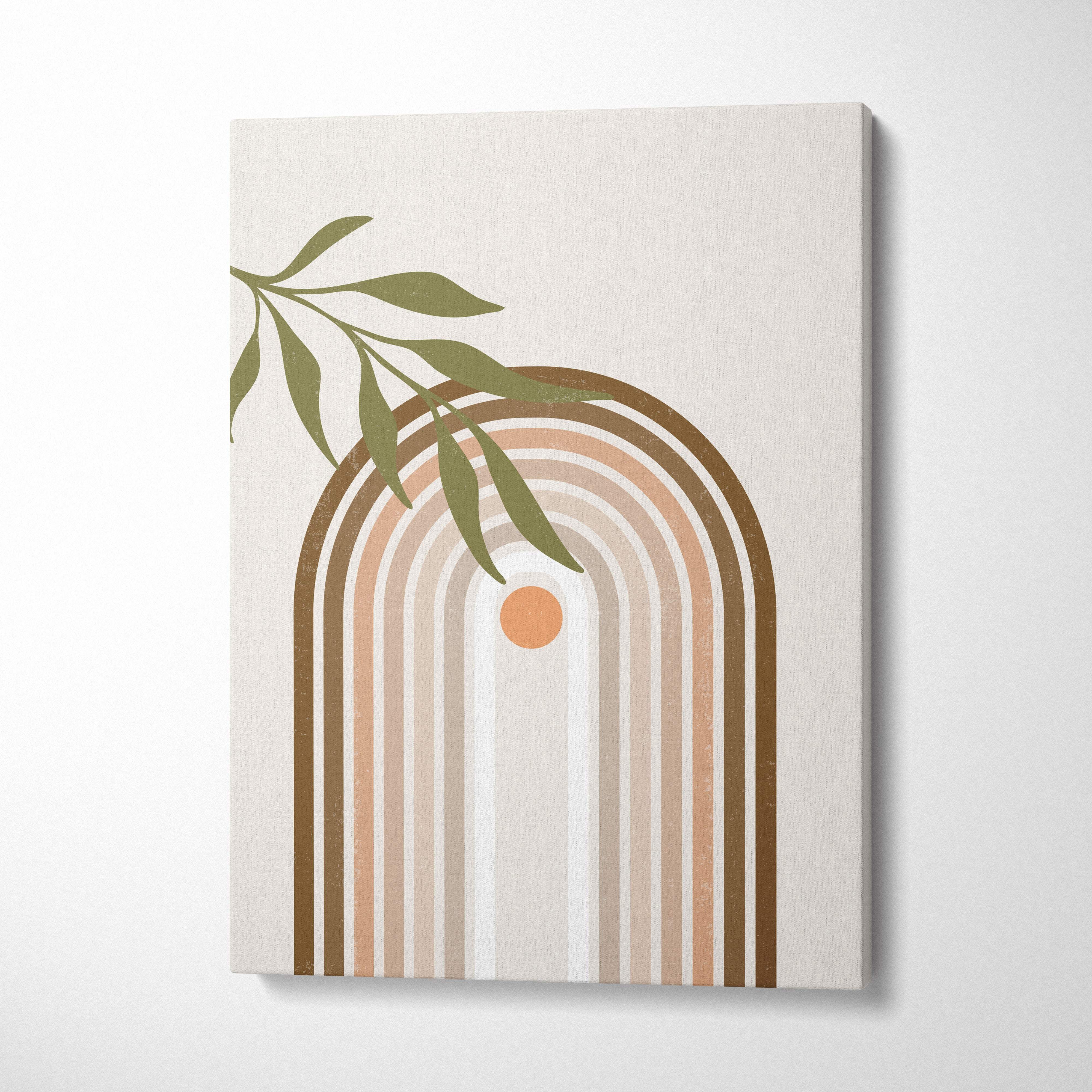 Boho rainbow arch wall art featuring a minimalist canvas print with earthy tones and botanical leaves on neutral background