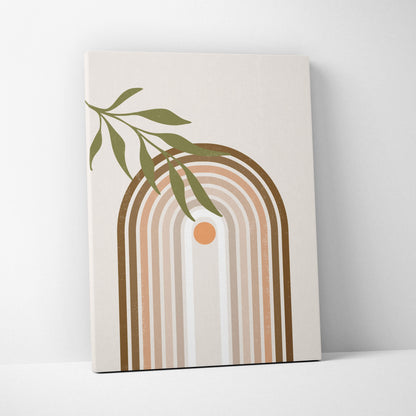 Boho rainbow arch wall art minimalist canvas print with earthy tones olive leaves and orange circle for nursery decor