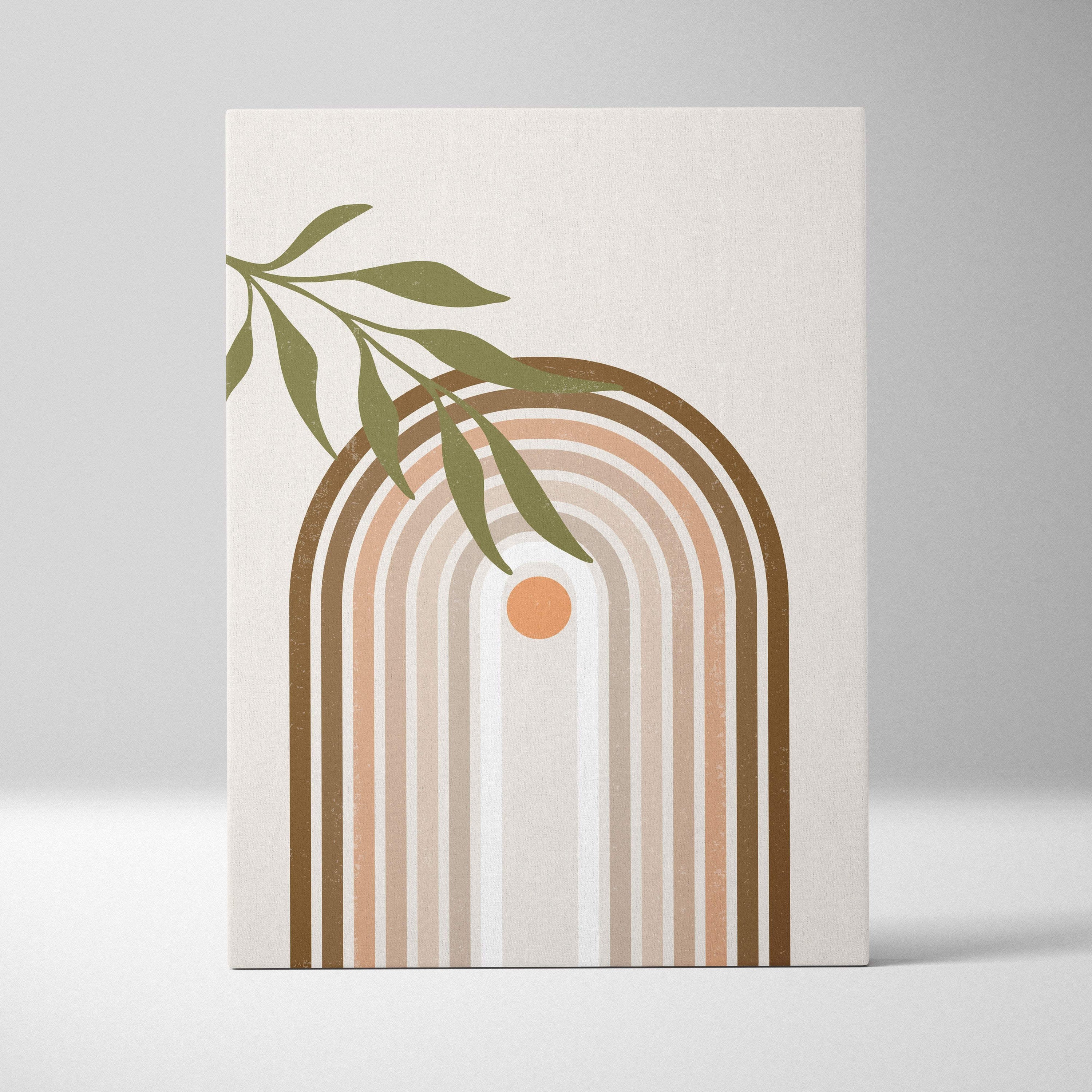 Boho rainbow arch wall art featuring a minimalist canvas print with earthy beige tan and brown tones and botanical leaves