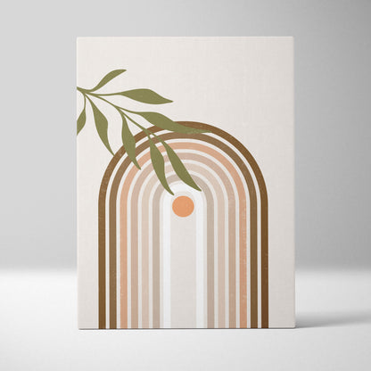 Boho rainbow arch wall art featuring a minimalist canvas print with earthy beige tan and brown tones and botanical leaves