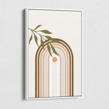 Boho rainbow arch wall art with neutral earth tone stripes green leaves and orange circle minimalist framed print
