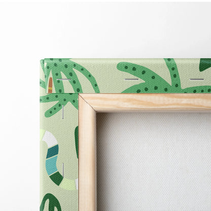 Seamless sage green jungle canvas wall art with giraffes, leopard, tropical leaves