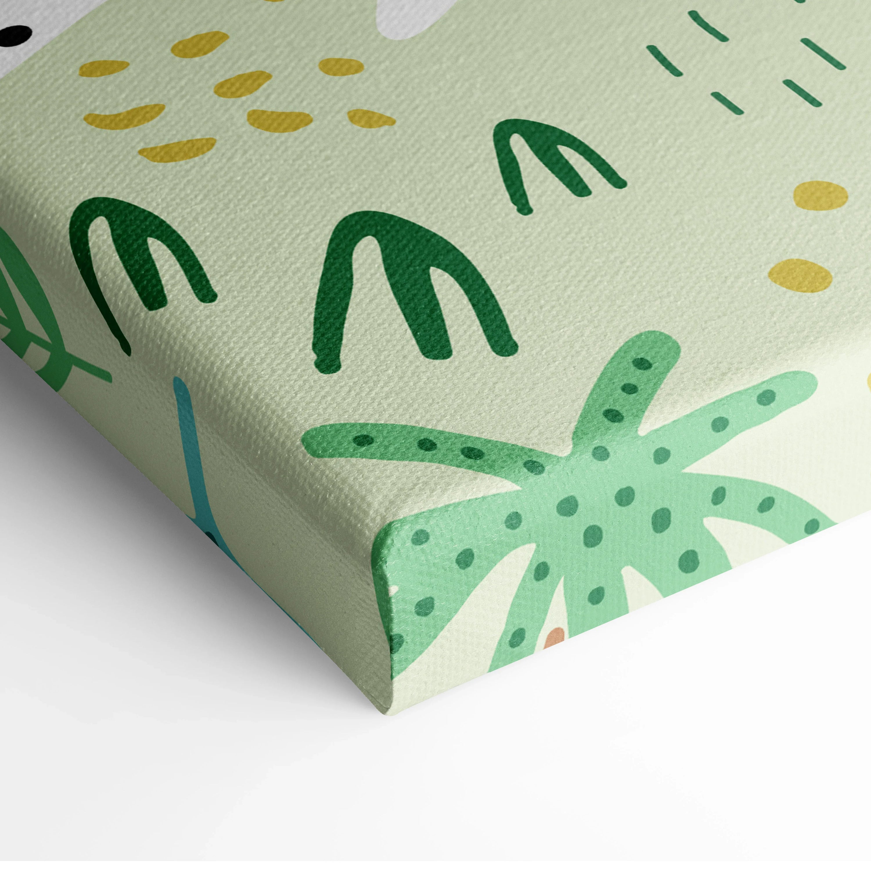 Light green canvas print with giraffes, leopard, tropical leaves, yellow dots