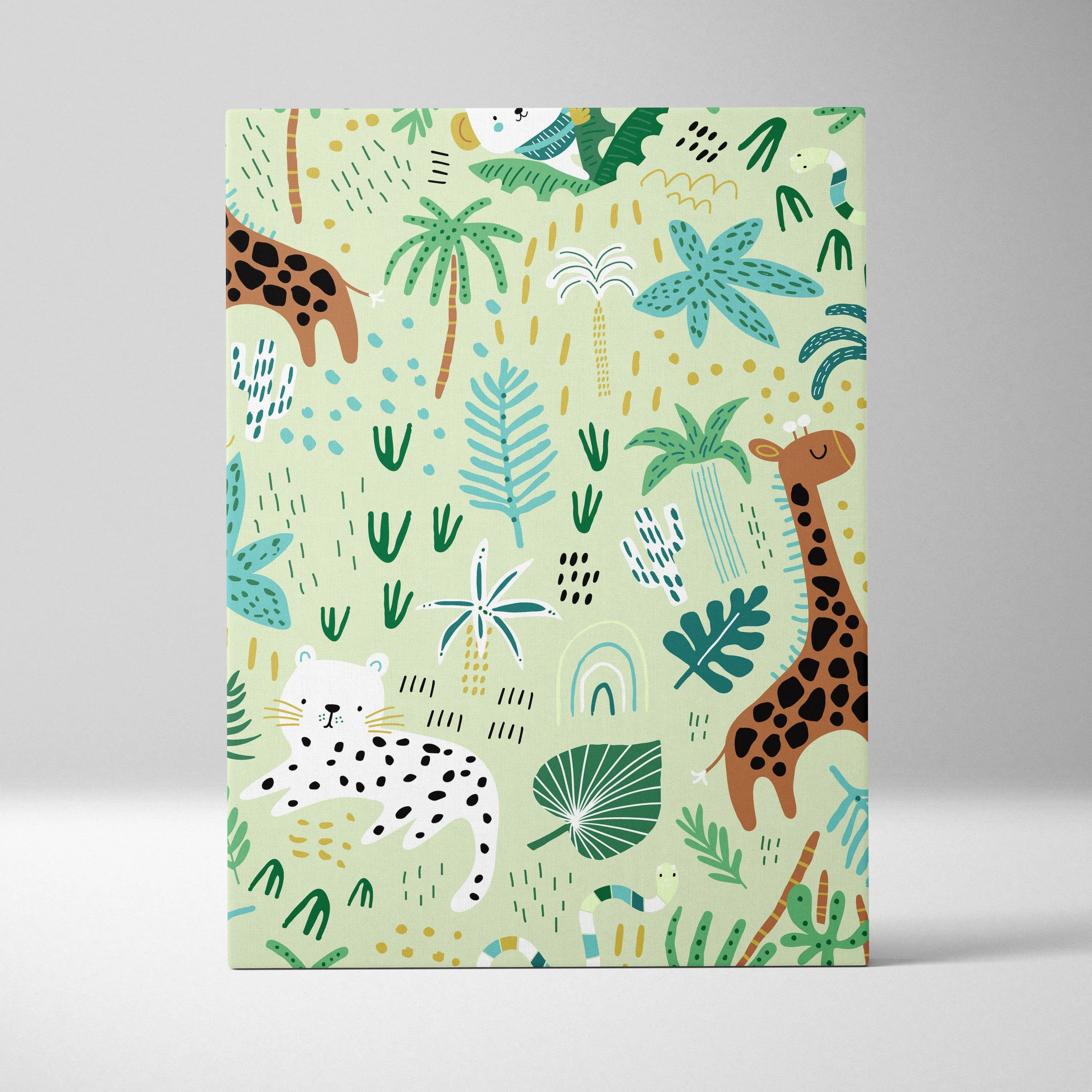 Seamless jungle pattern canvas wall art with giraffes, leopard, tropical leaves in sage green teal