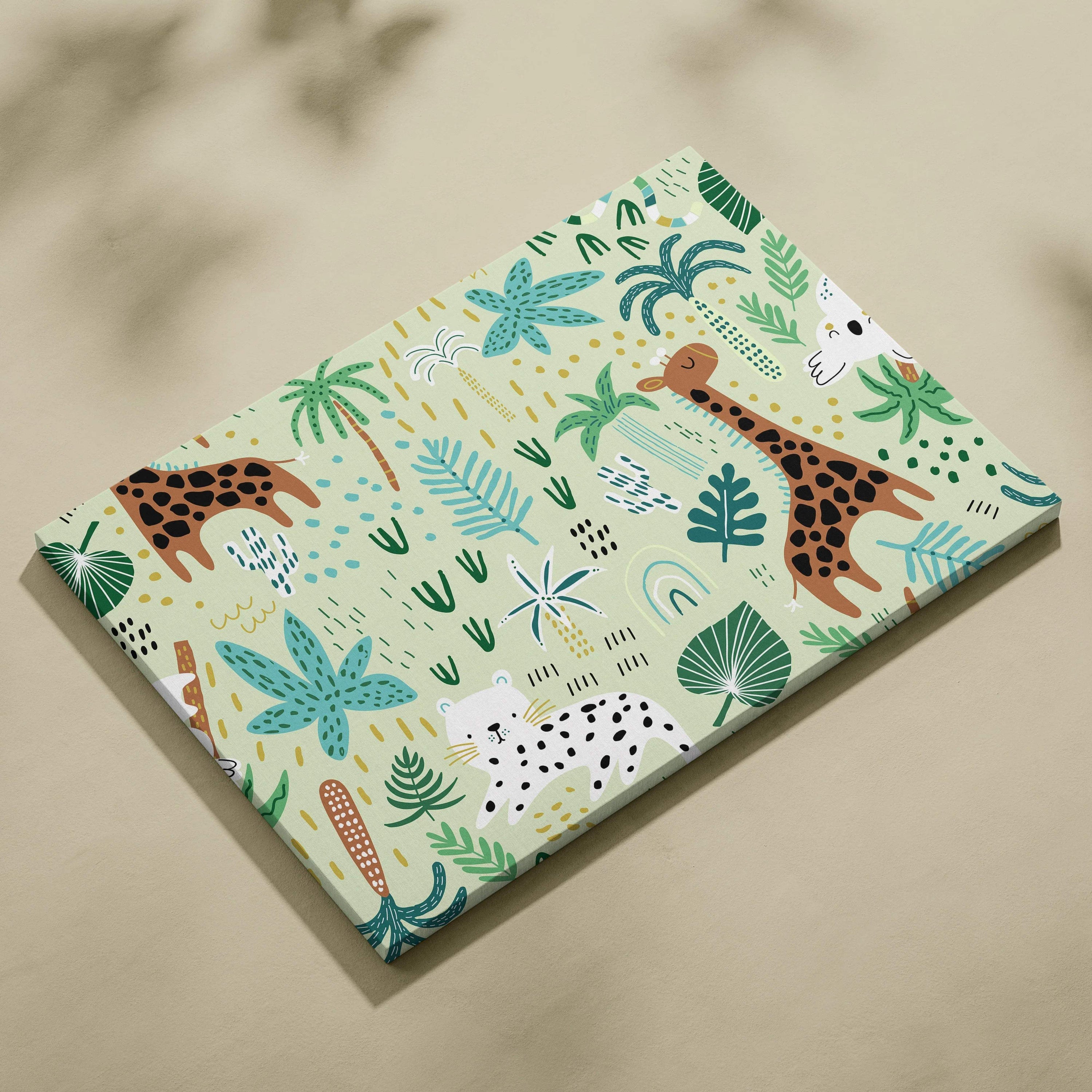 Cute safari jungle canvas art with giraffes, leopards, tropical leaves