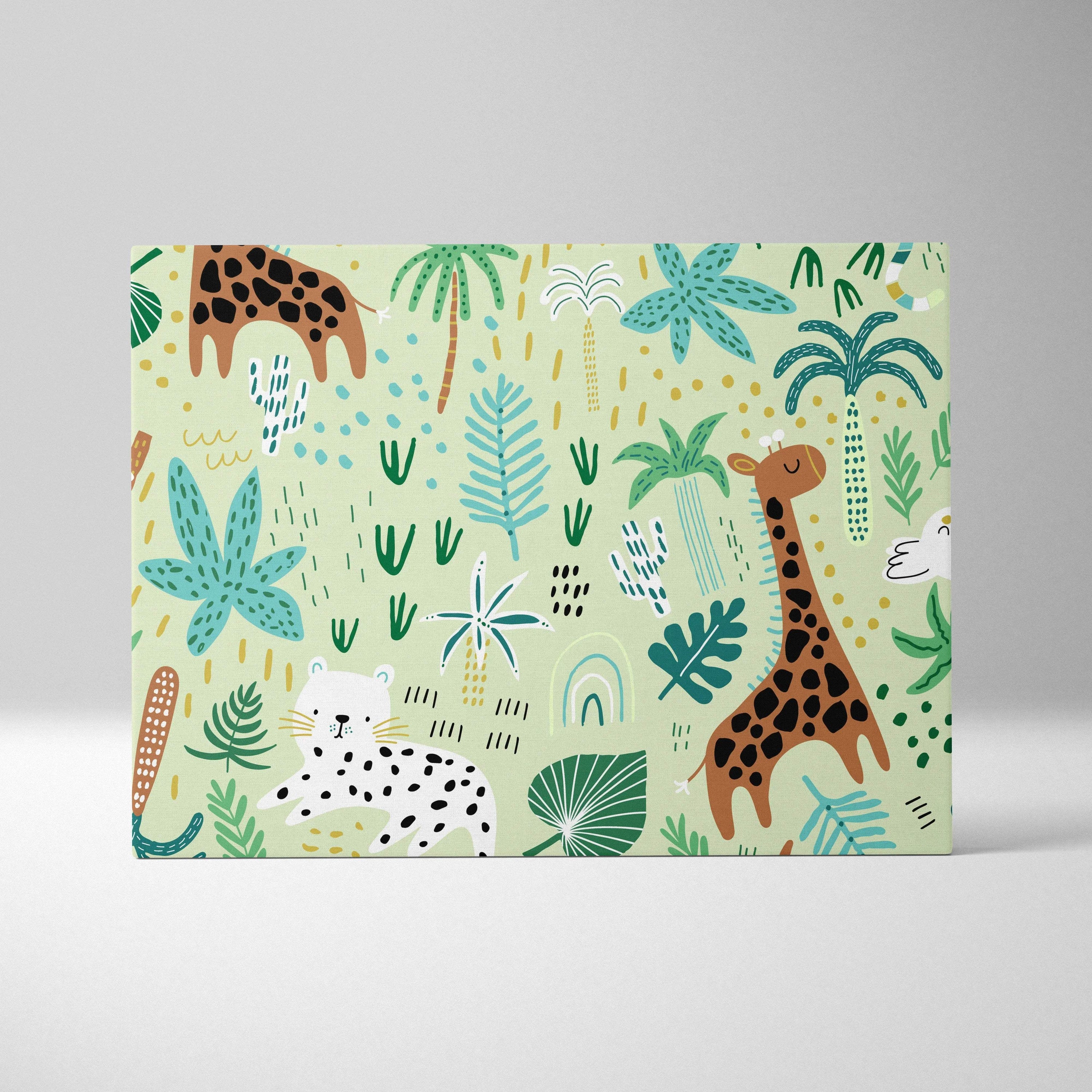 Cute safari jungle canvas wall art with giraffes leopards tropical leaves