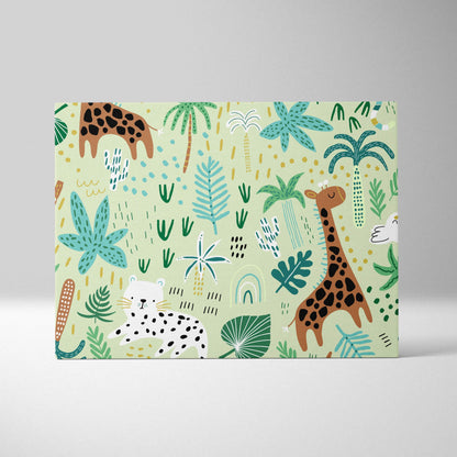 Cute safari jungle canvas wall art with giraffes leopards tropical leaves