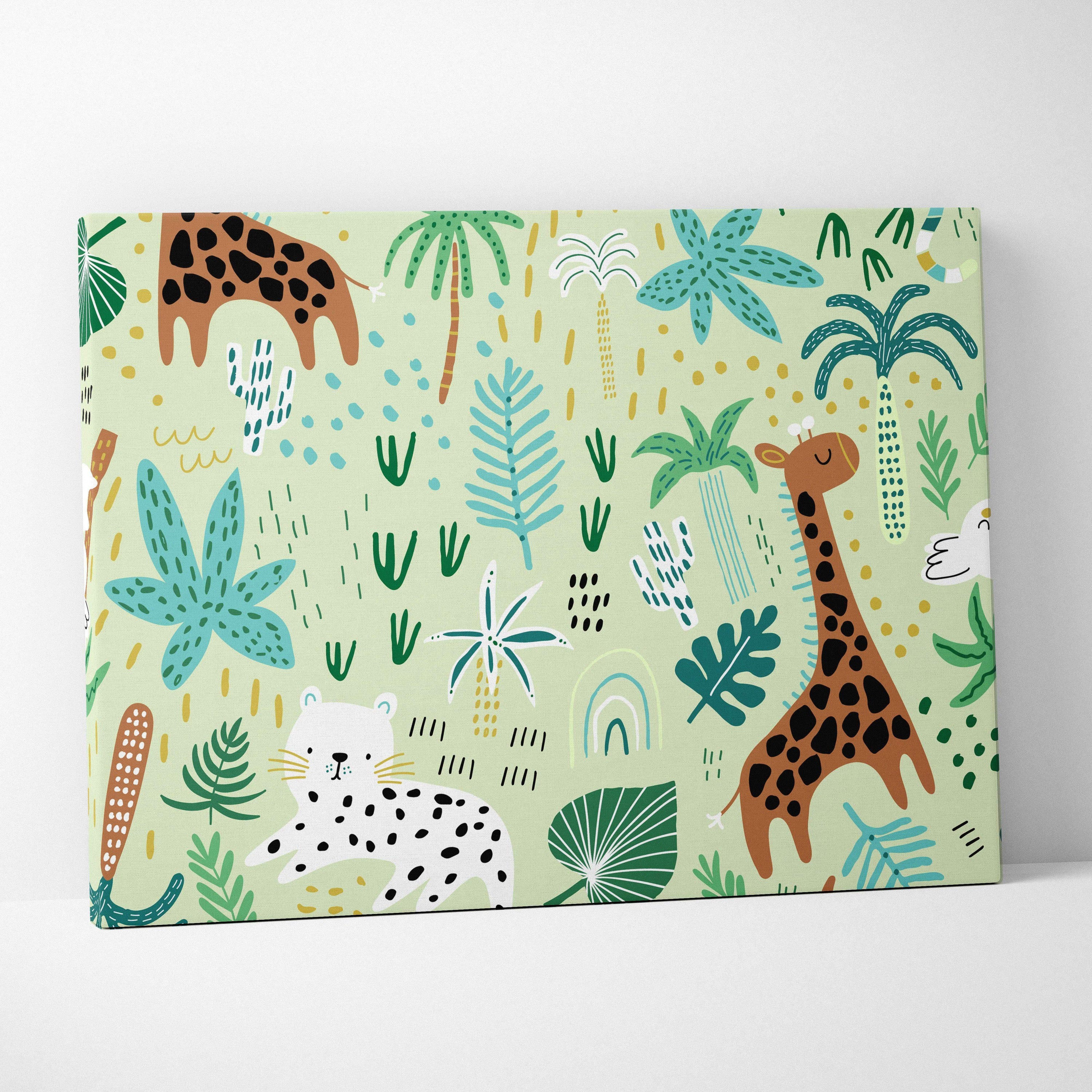 Cute safari jungle canvas wall art with giraffes, leopards and tropical leaves