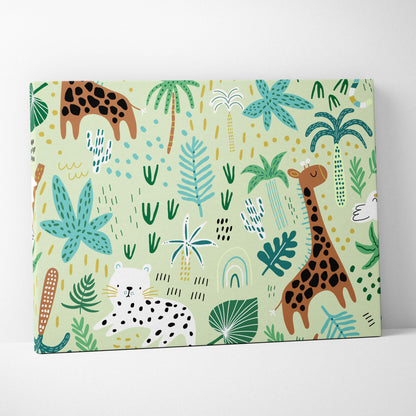 Cute safari jungle canvas wall art with giraffes, leopards and tropical leaves