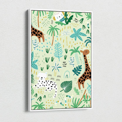 Seamless jungle pattern canvas wall art with giraffes, leopard, tropical leaves in sage green teal mustard