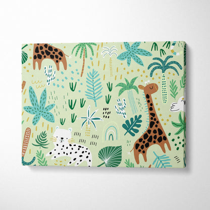 Cute safari jungle canvas art with giraffes, leopards, tropical leaves