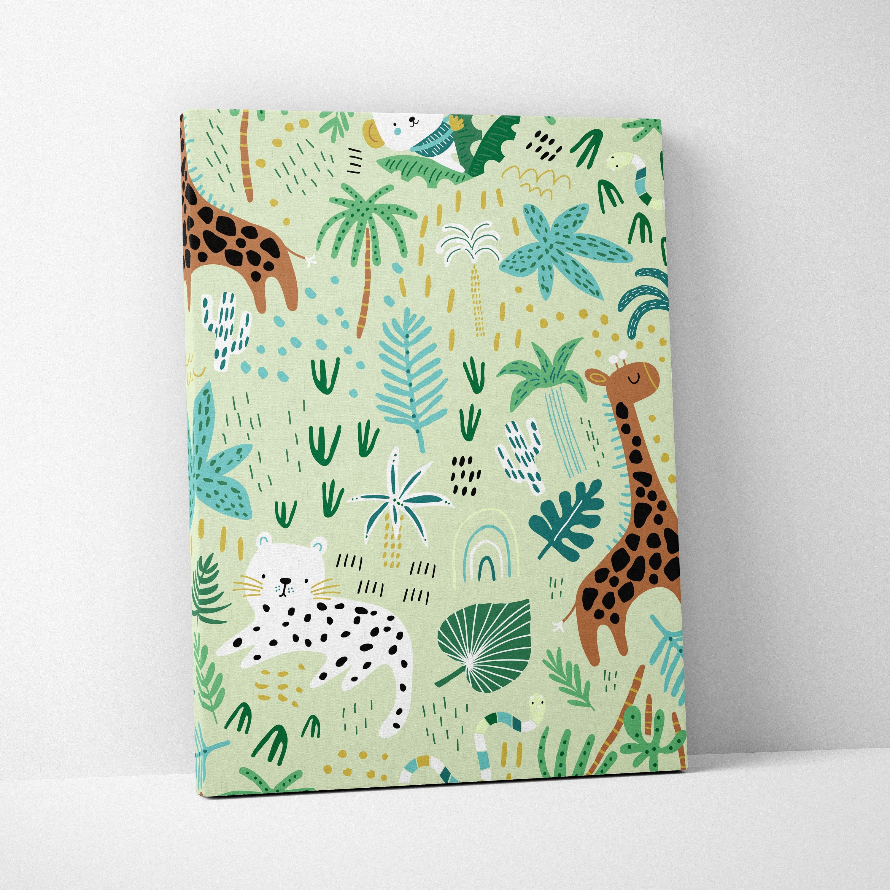 Seamless jungle pattern canvas wall art with giraffes, leopard, teal leaves