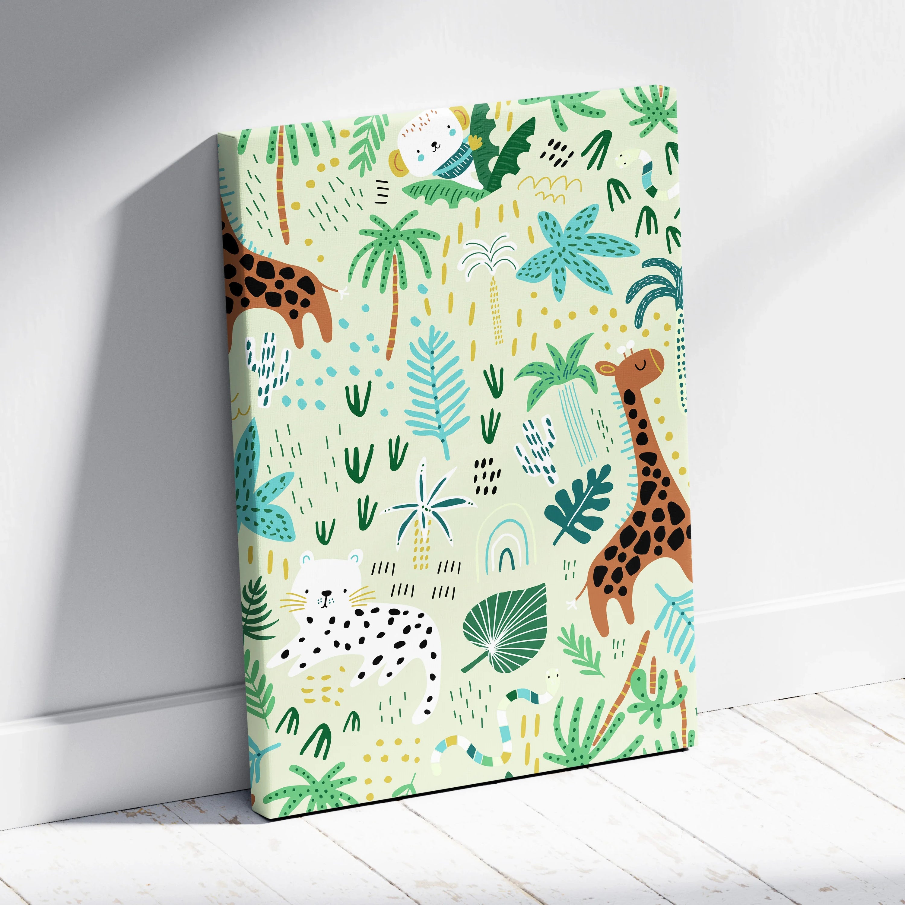 Seamless jungle pattern canvas wall art with giraffes, leopard, teal sage green leaves