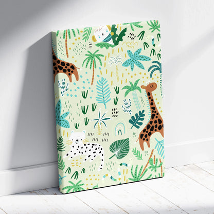 Seamless jungle pattern canvas wall art with giraffes, leopard, teal sage green leaves