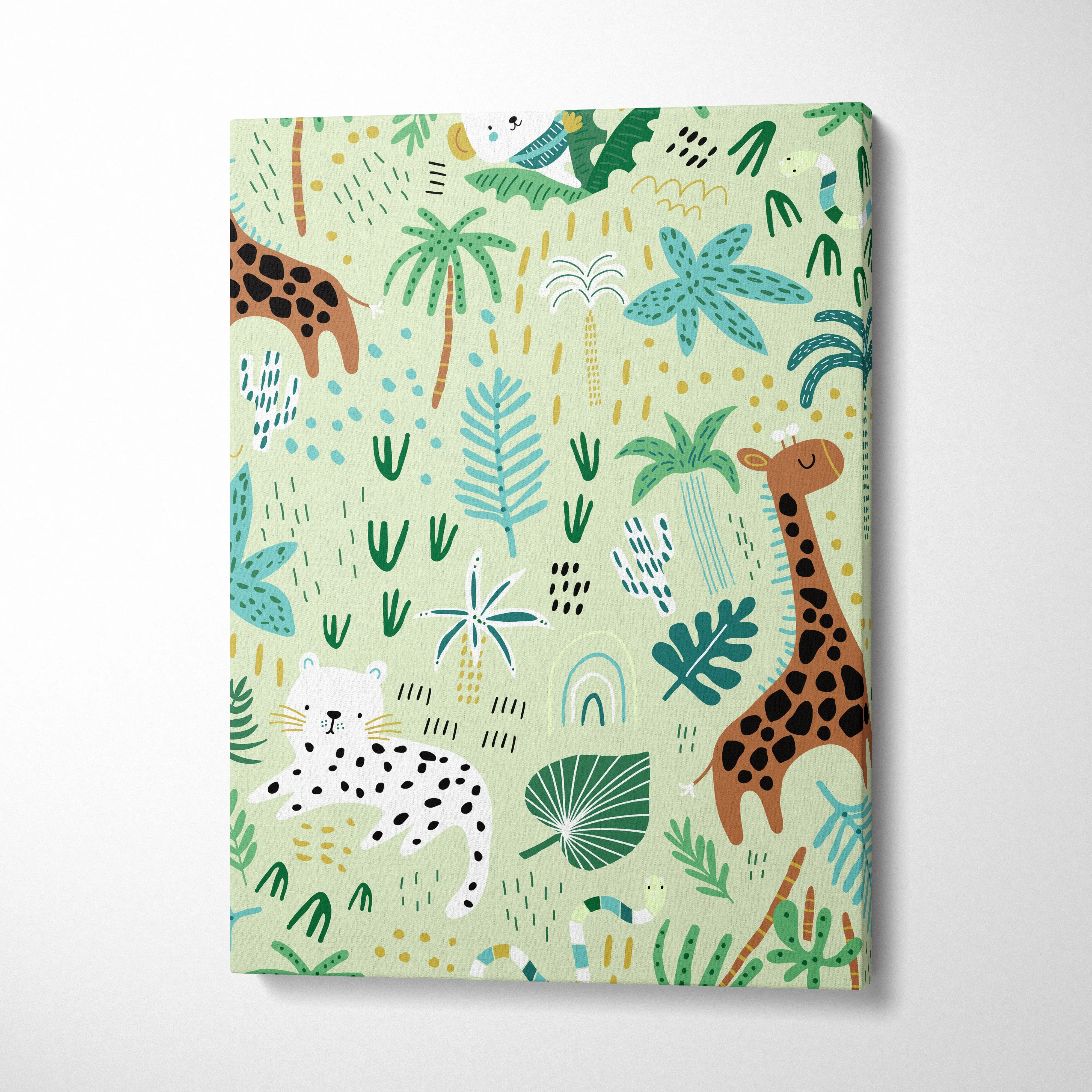 Seamless jungle pattern canvas wall art with giraffes, leopard, teal leaves on sage green