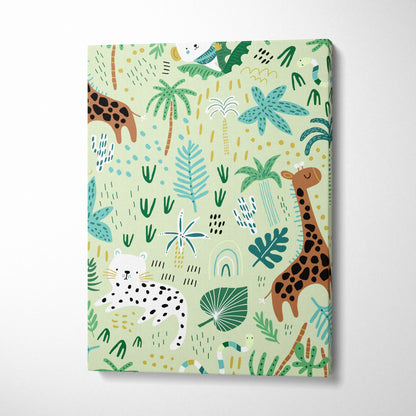 Seamless jungle pattern canvas wall art with giraffes, leopard, teal leaves on sage green