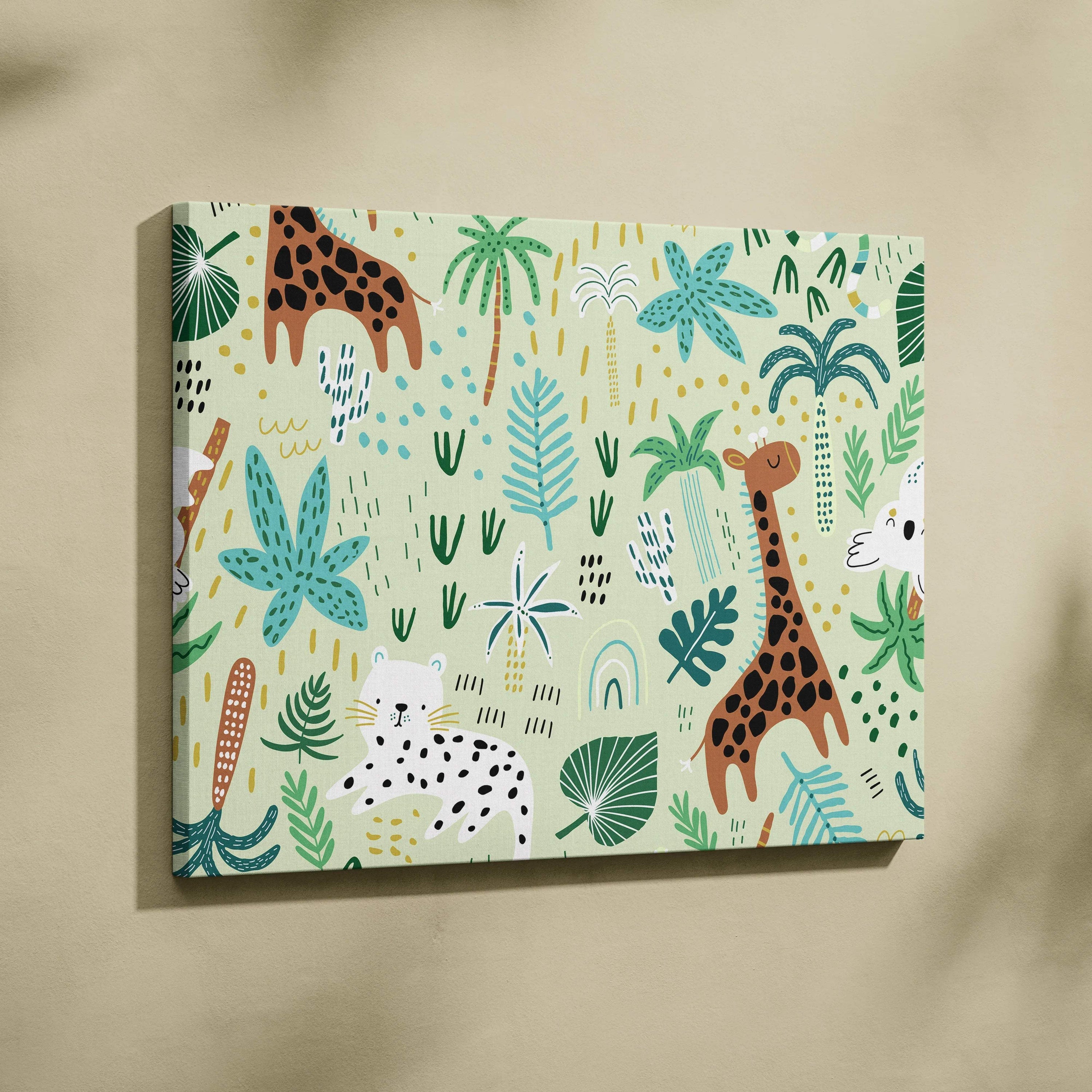 Cute safari jungle canvas wall art with giraffes, leopards, tropical leaves
