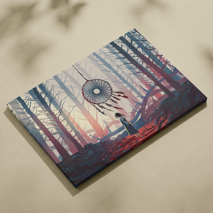 Dreamcatcher forest canvas print with blue red mystical dreamcatcher hanging in boho fantasy woodland décor