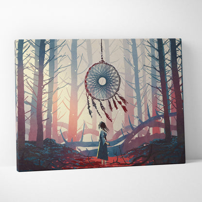 Dreamcatcher forest canvas print featuring a circular frame with red and black woven webbing and dangling feathers