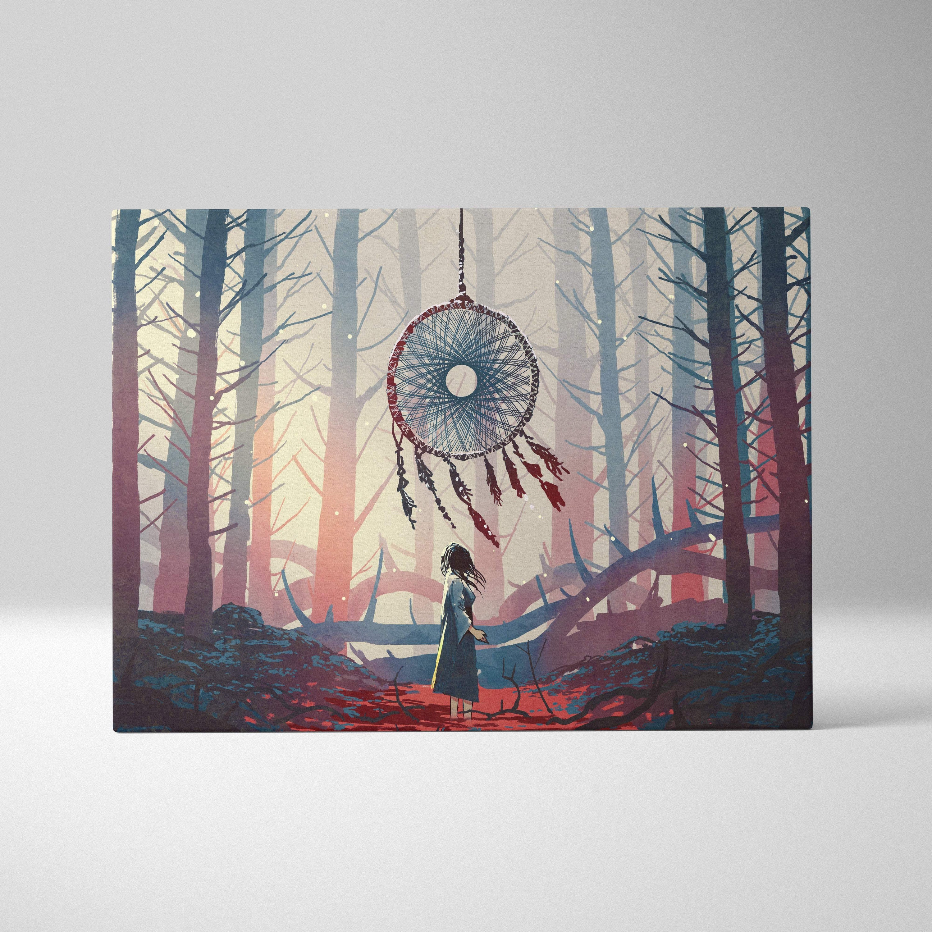 Dreamcatcher forest canvas print featuring a circular woven frame with blue and red feathers in a mystical woodland scene