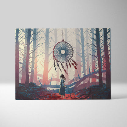 Dreamcatcher forest canvas print featuring a circular woven frame with blue and red feathers in a mystical woodland scene