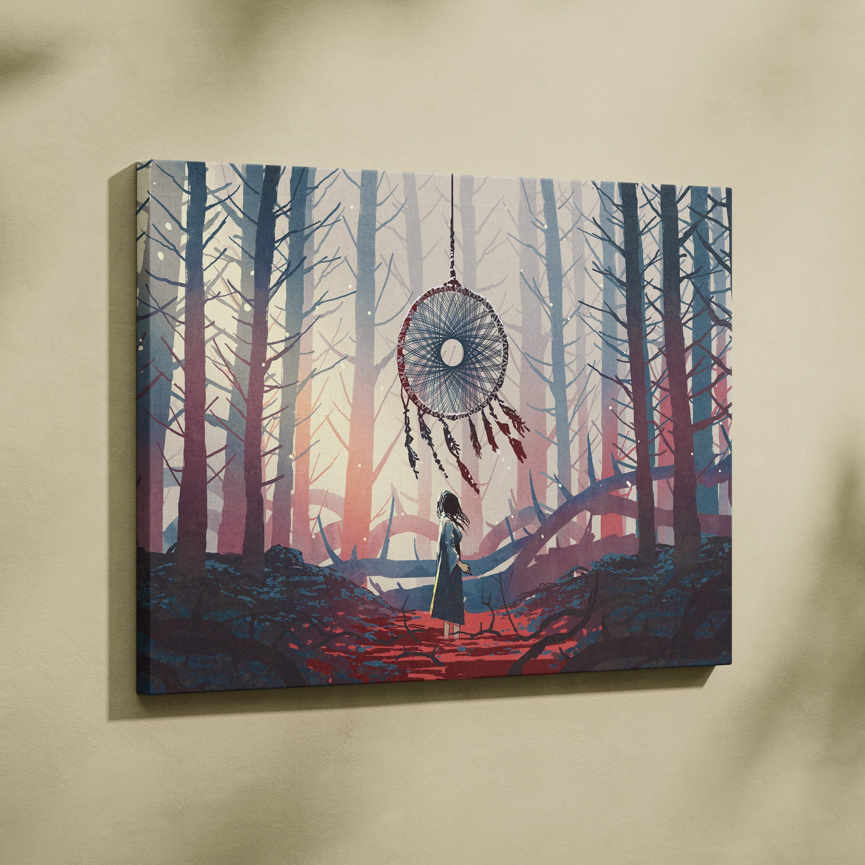 Rectangular canvas print of a blue and red dreamcatcher hanging in a pastel lit mystical forest with bare trees