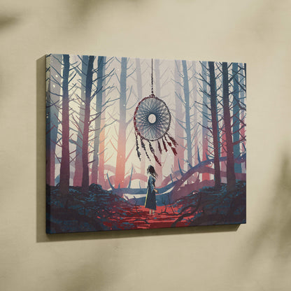 Rectangular canvas print of a blue and red dreamcatcher hanging in a pastel lit mystical forest with bare trees