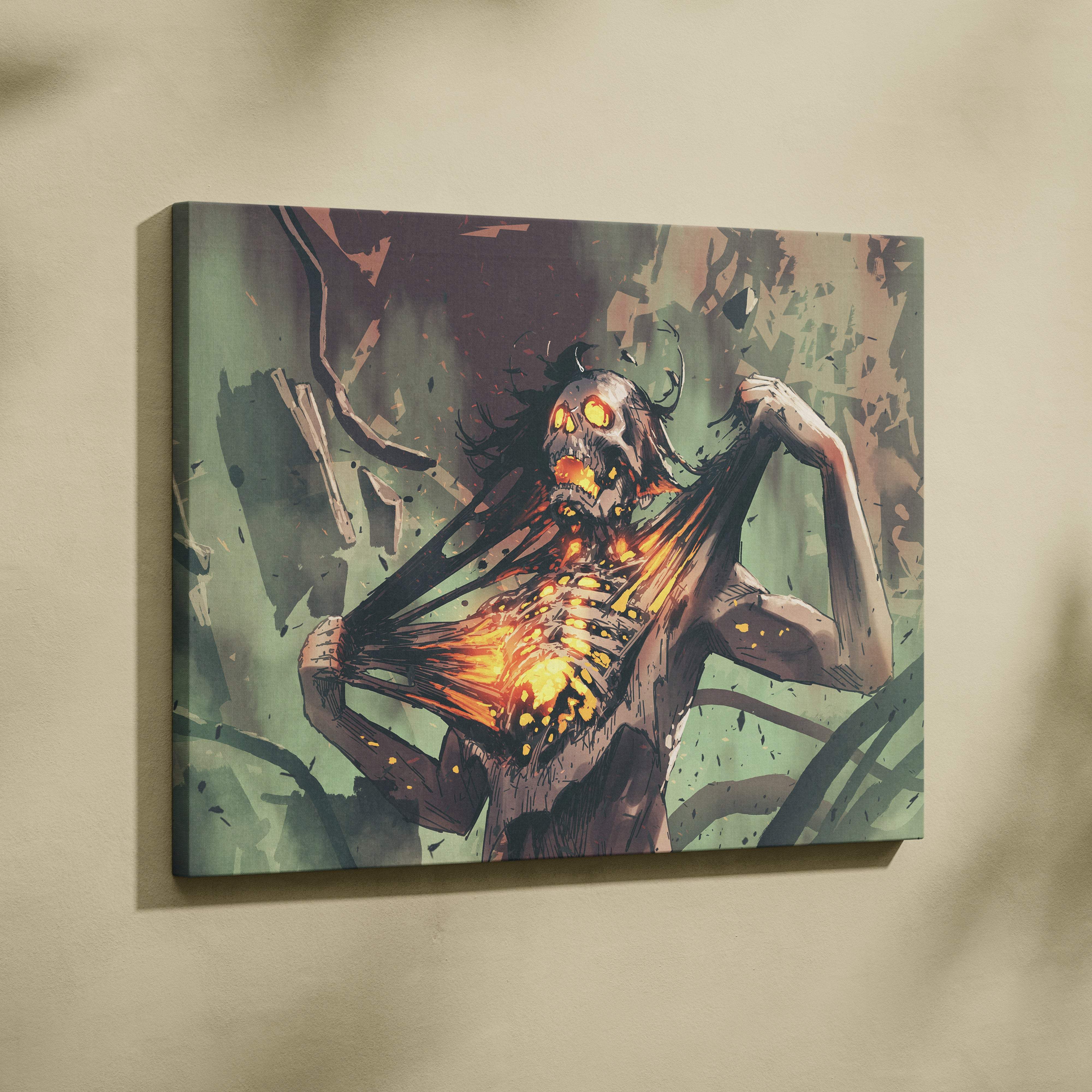 Burning skeleton horror canvas wall art featuring a dark fiery creature with glowing orange eyes and burning chest