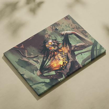 Burning Skeleton Horror Canvas Wall Art – Dark Gothic Illustration, Glowing Skull & Fiery Chest, Haunting Forest Scene, Cinematic Creepy Aesthetic, Modern Spooky Decor