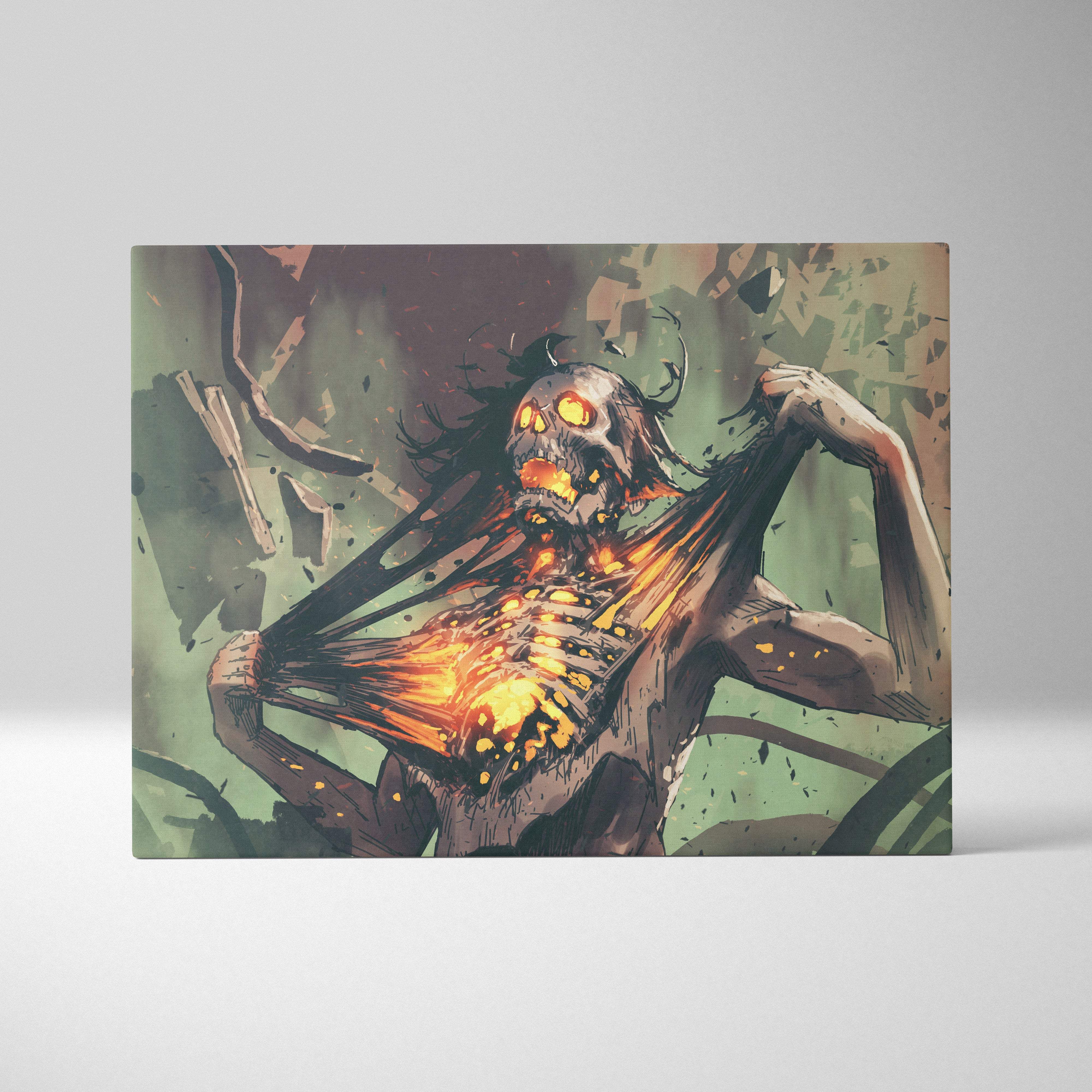 Rectangular canvas print of a dark gothic fiery skeleton with glowing orange eyes and chest in a haunting forest scene