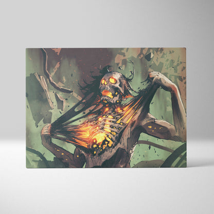 Burning Skeleton Horror Canvas Wall Art – Dark Gothic Illustration, Glowing Skull & Fiery Chest, Haunting Forest Scene, Cinematic Creepy Aesthetic, Modern Spooky Decor