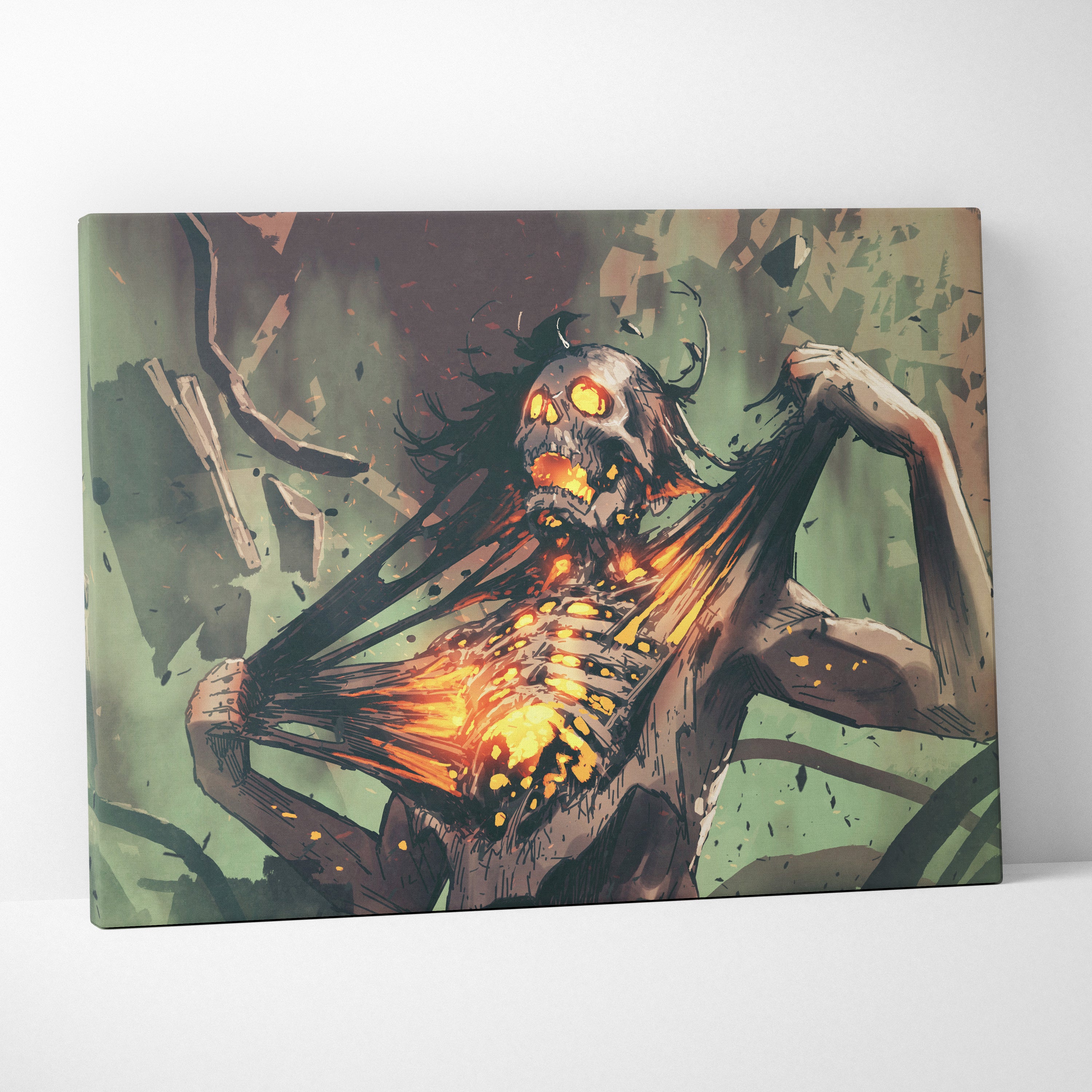 Burning Skeleton Horror Canvas Wall Art – Dark Gothic Illustration, Glowing Skull & Fiery Chest, Haunting Forest Scene, Cinematic Creepy Aesthetic, Modern Spooky Decor