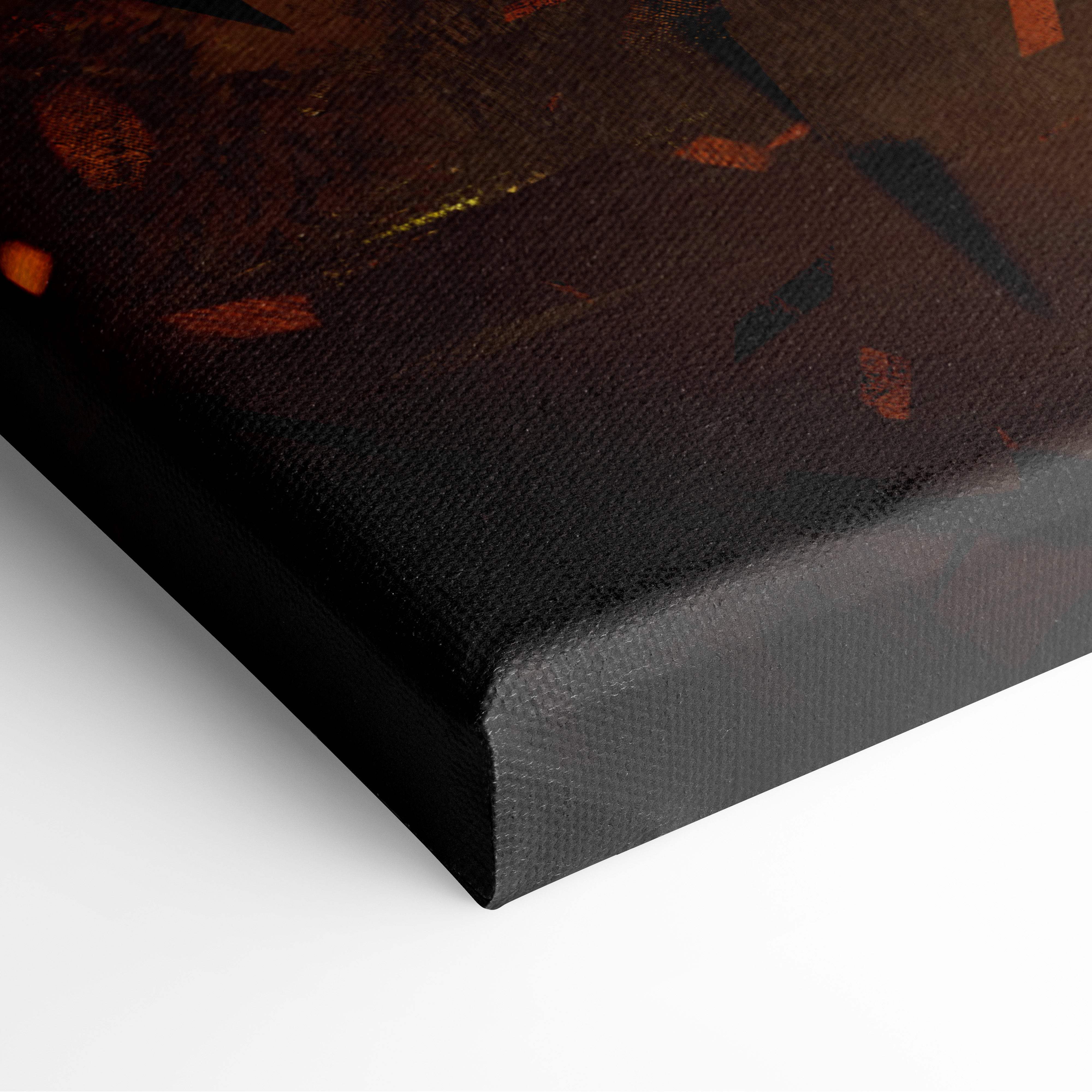 Black canvas print with abstract brown and orange splatter design for fiery epic dragon battle wall art decor