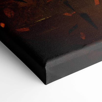 Black canvas print with abstract brown and orange splatter design for fiery epic dragon battle wall art decor