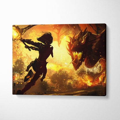Vibrant canvas print of a warrior silhouette wielding a glowing weapon against a fiery dragon in orange and black hues