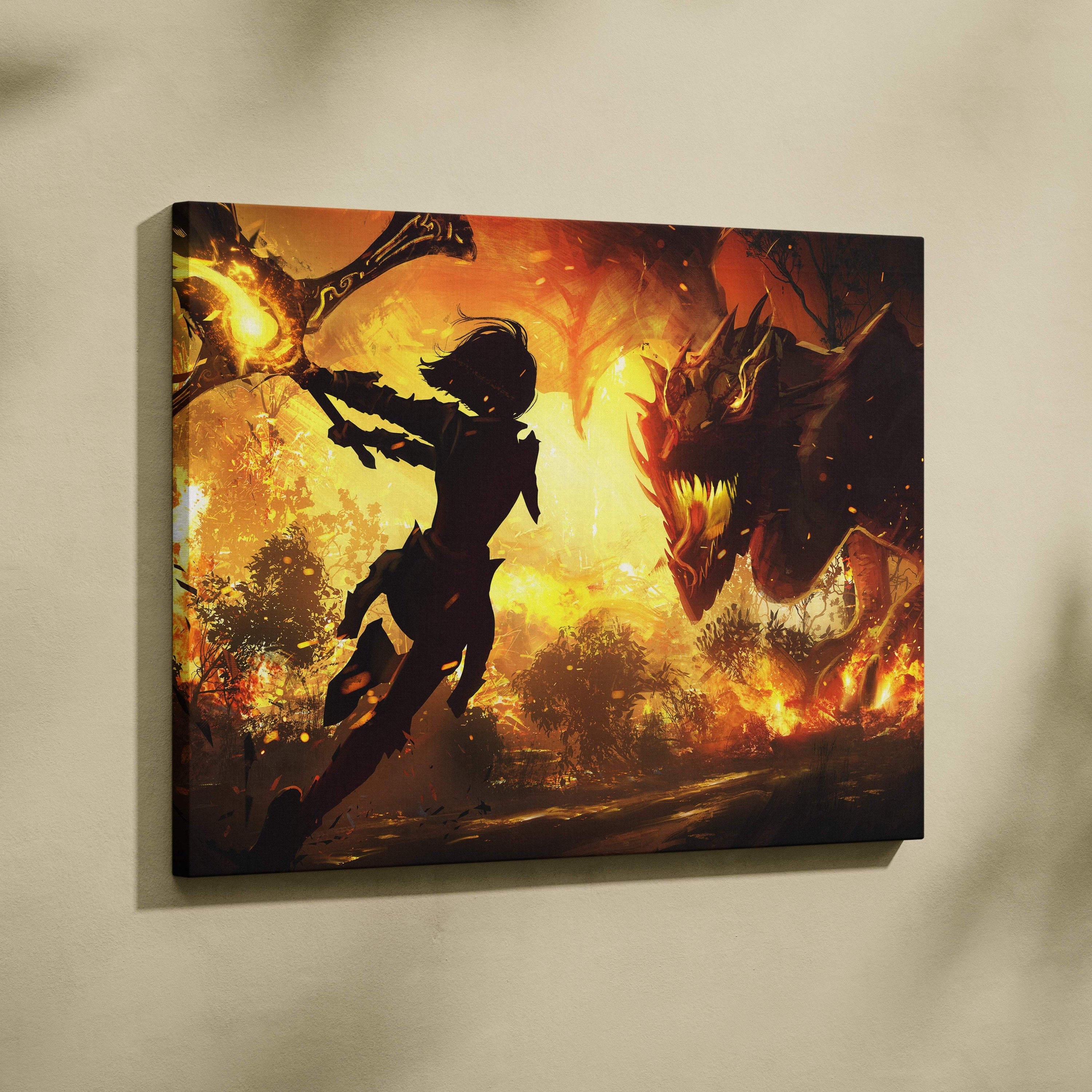 A vibrant canvas print of a warrior silhouette battling a fiery dragon against an orange sunset backdrop