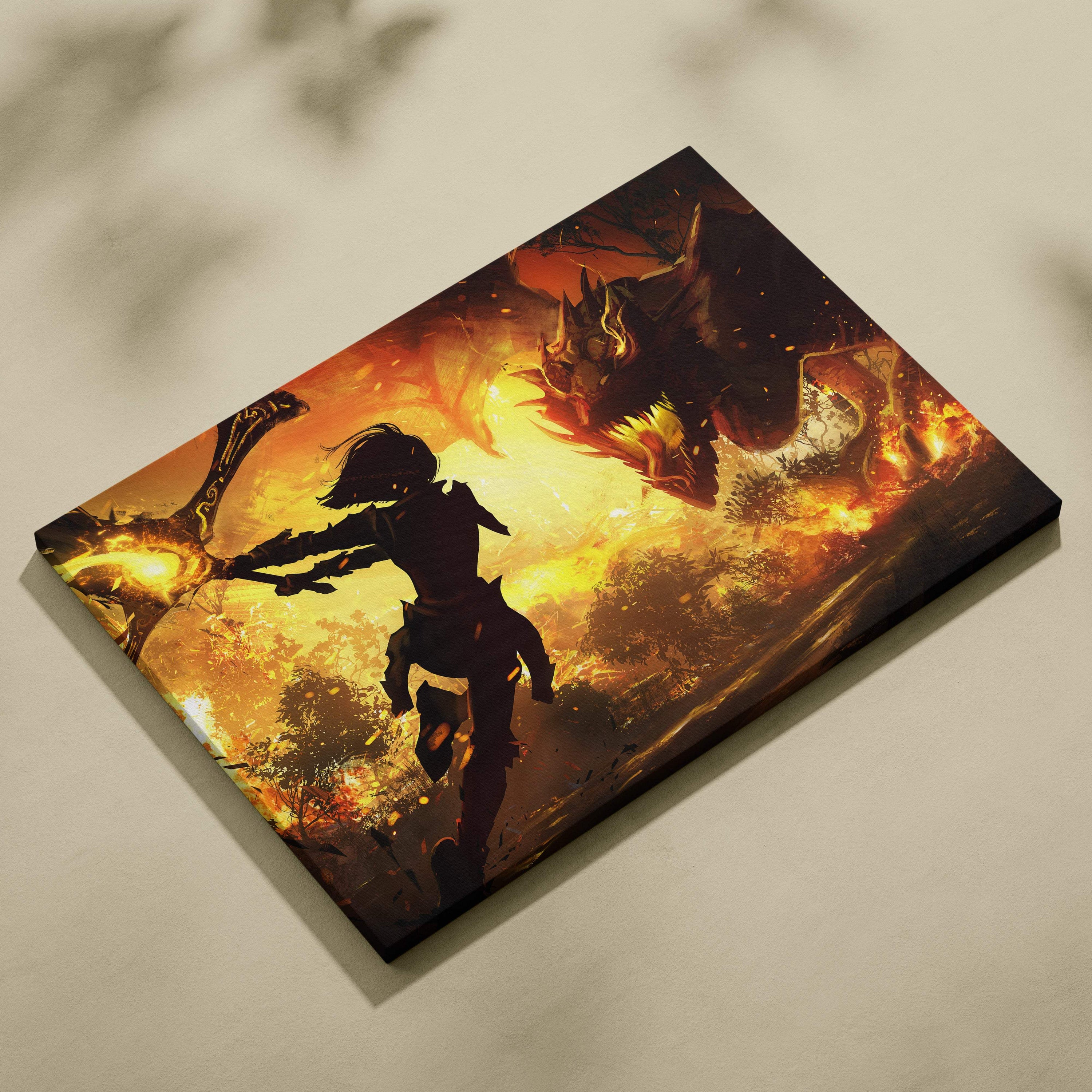 Epic dragon battle canvas wall art featuring a fiery orange and black fantasy scene with warrior and dragon combat
