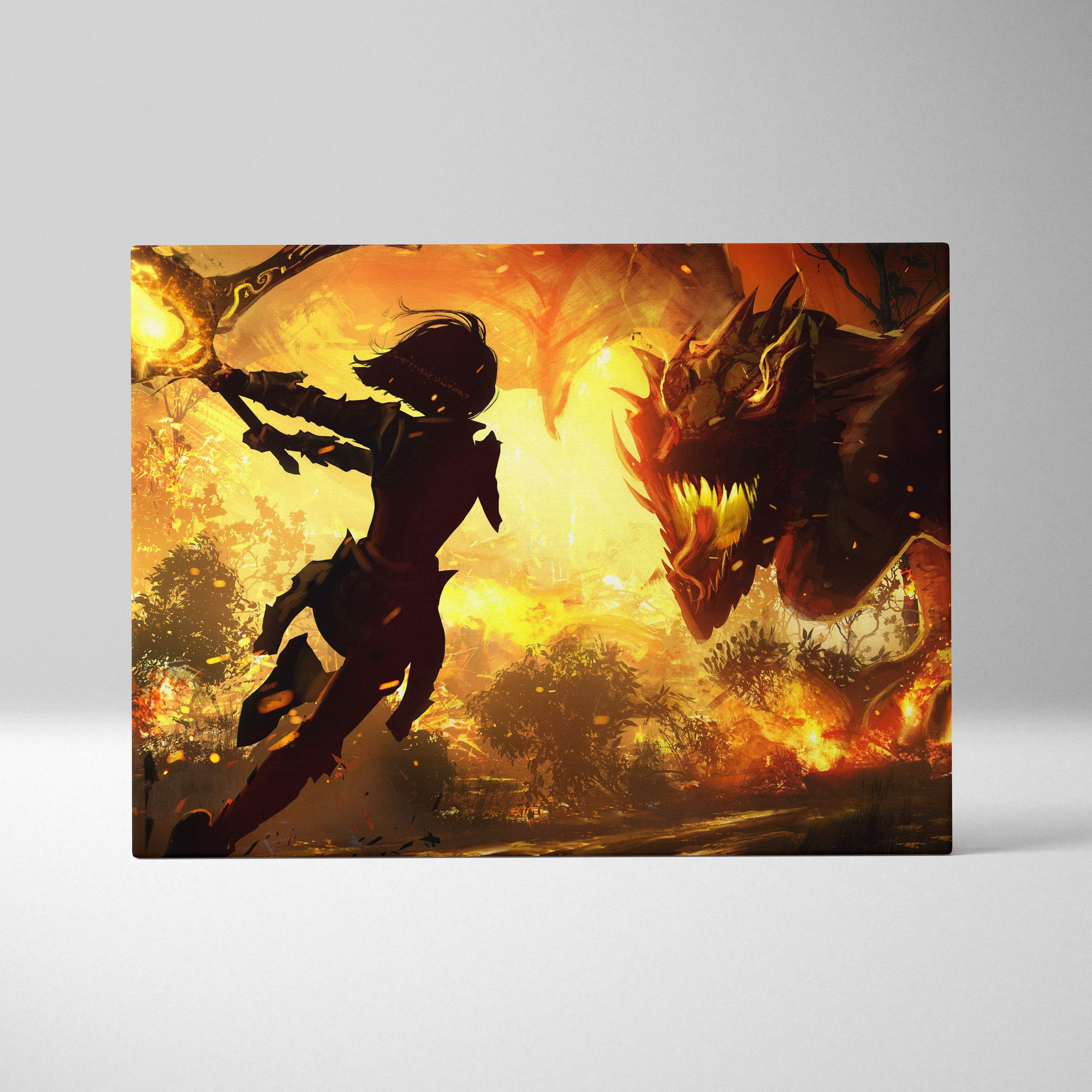 A rectangular canvas print showing a fiery orange and black fantasy scene with an armored warrior facing a dragon