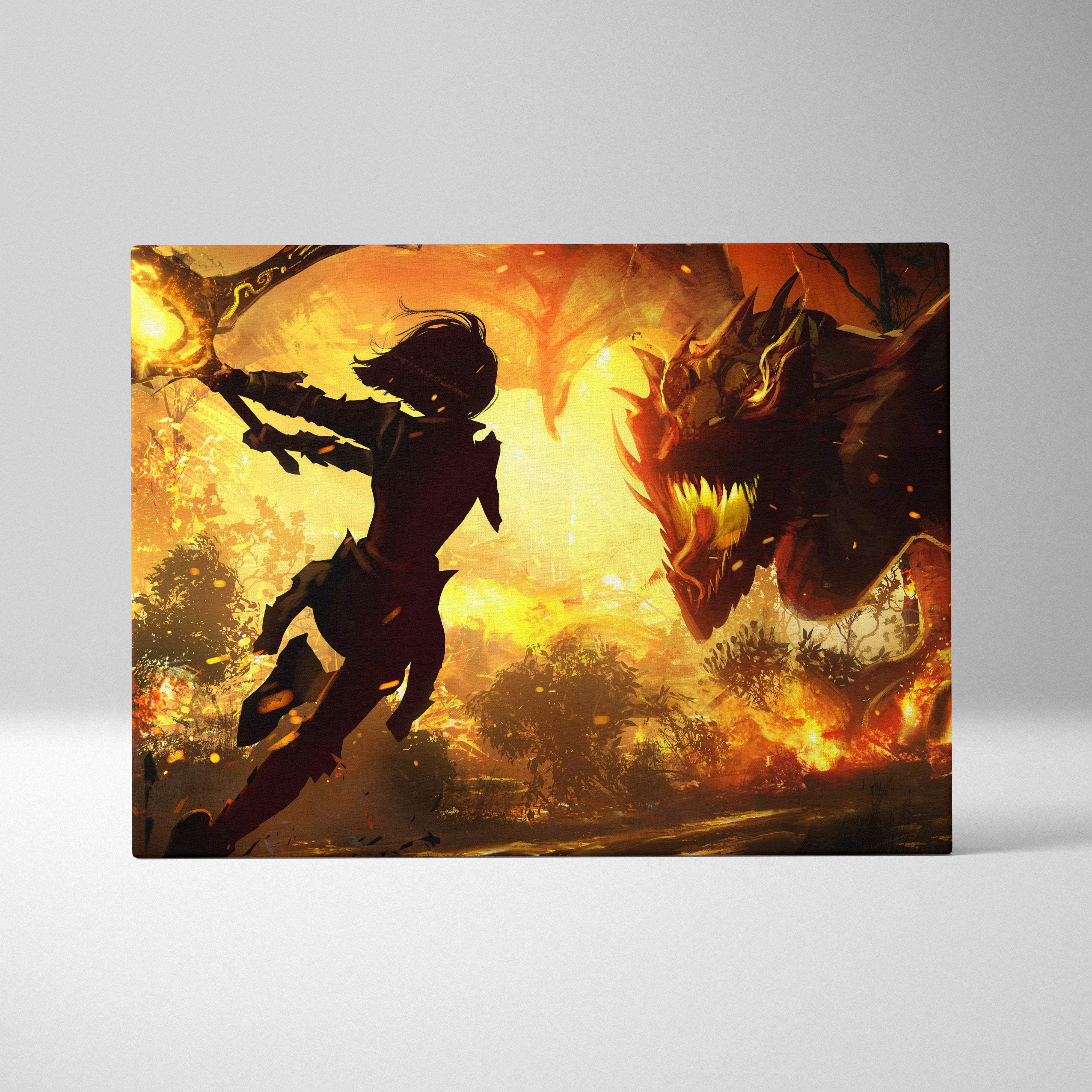 A rectangular canvas print showing a fiery orange and black fantasy scene with an armored warrior facing a dragon